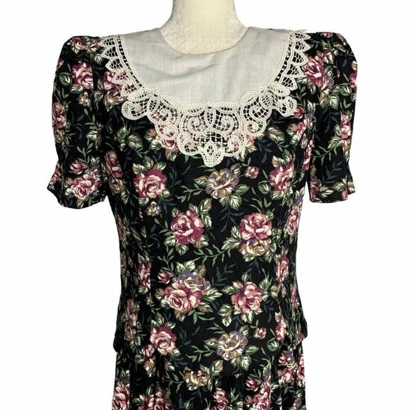 Vintage Floral Midi Dress M Black Lace Cottagecore